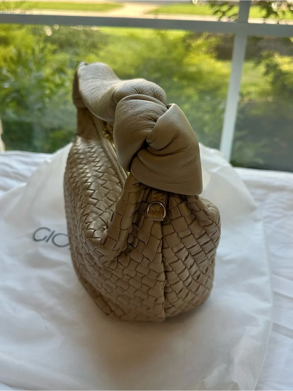 Georgia Milano Leather Woven Crossbody Bag in Taupe